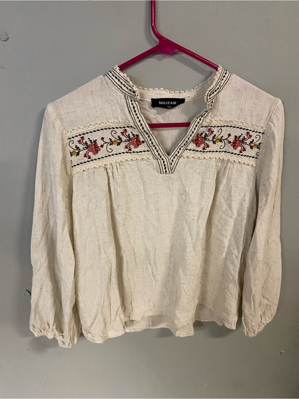 Solitaire Cream Embroidered Linen Peasant Blouse